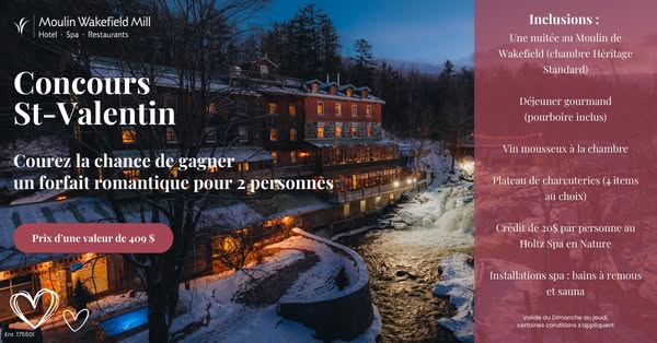 Concours Moulin Wakefield Mill Hotel & Spa - Gagnez un forfait romantique pour 2 personnes!