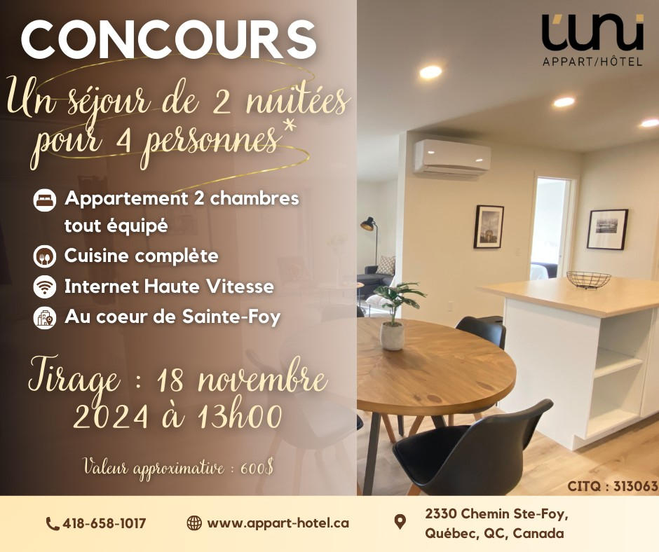 Concours Séjour de 2 nuitées pour 4 personnes dans un de nos Appartements